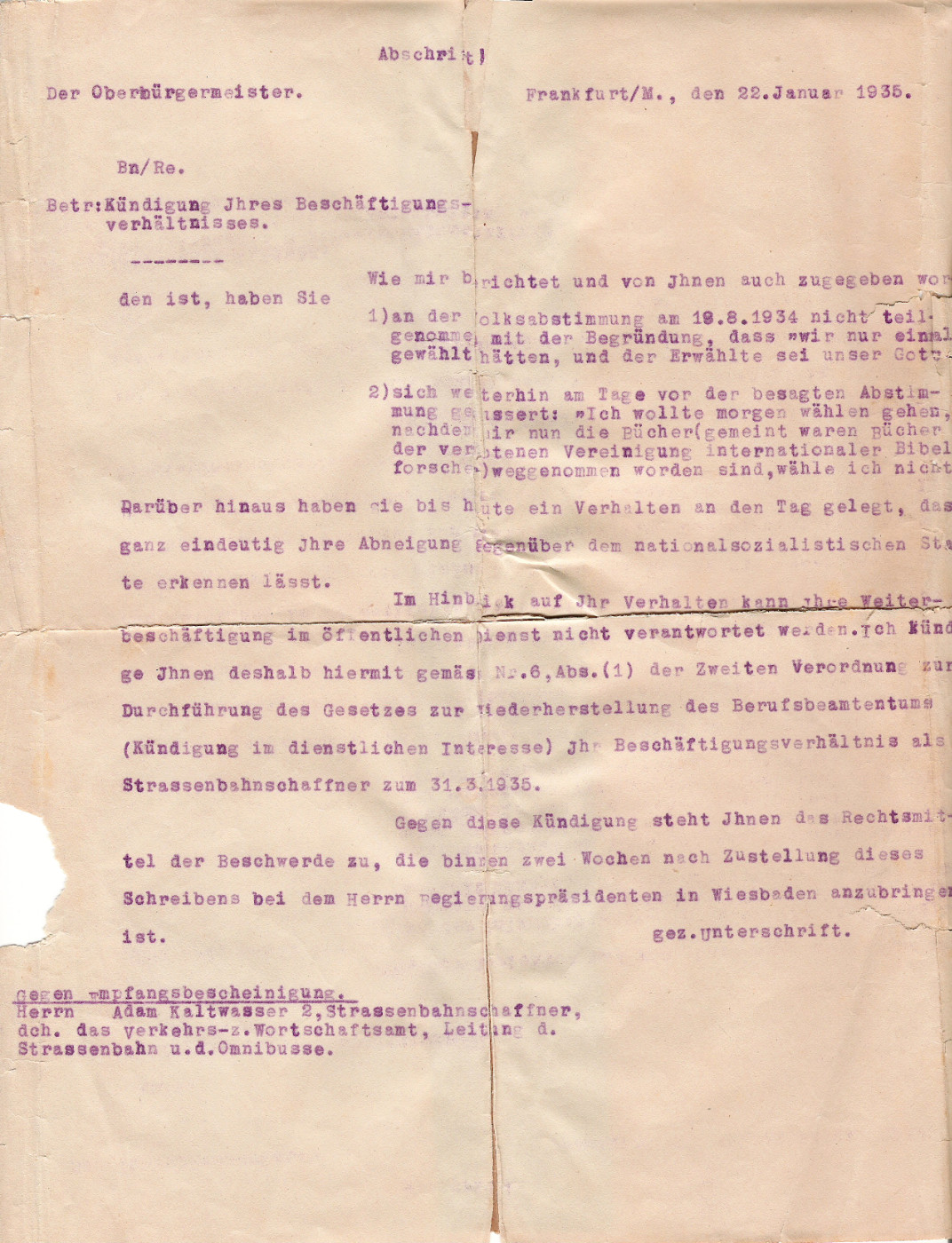 Kündigung der Stadt Frankfurt aus dem öffentlichen Dienst vom 22.01.1935