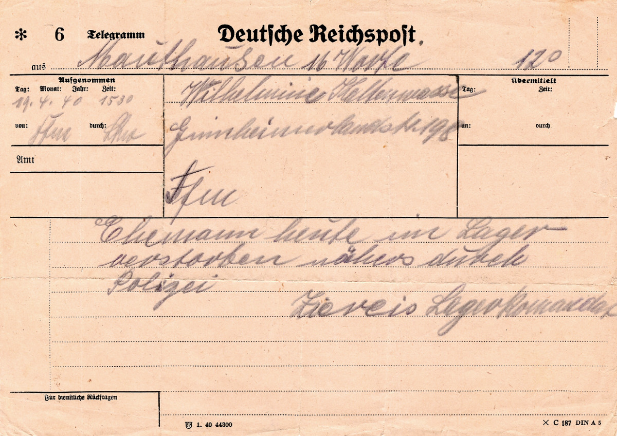 Telegramm Todesnachricht vom 19.04.1940
