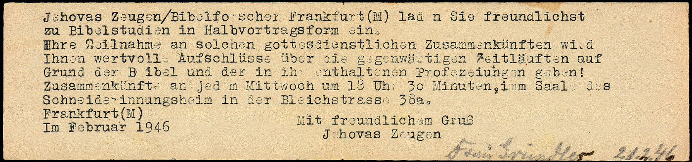 Einladung zu einem Gottesdienst ins Schneiderinnungsheim im Februar 1946
